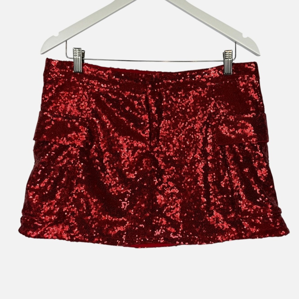 Madden NYC Red Sequin Mini Skirt Women's M Lined Side Zip Party Holiday